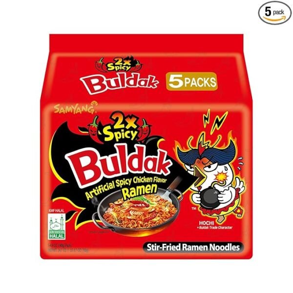 Samyang Buldak Hot Chicken Ramen, Korean Stir-Fried Instant Noodle, 2X Spicy, 4.94 OZ(140g), Pack of 5